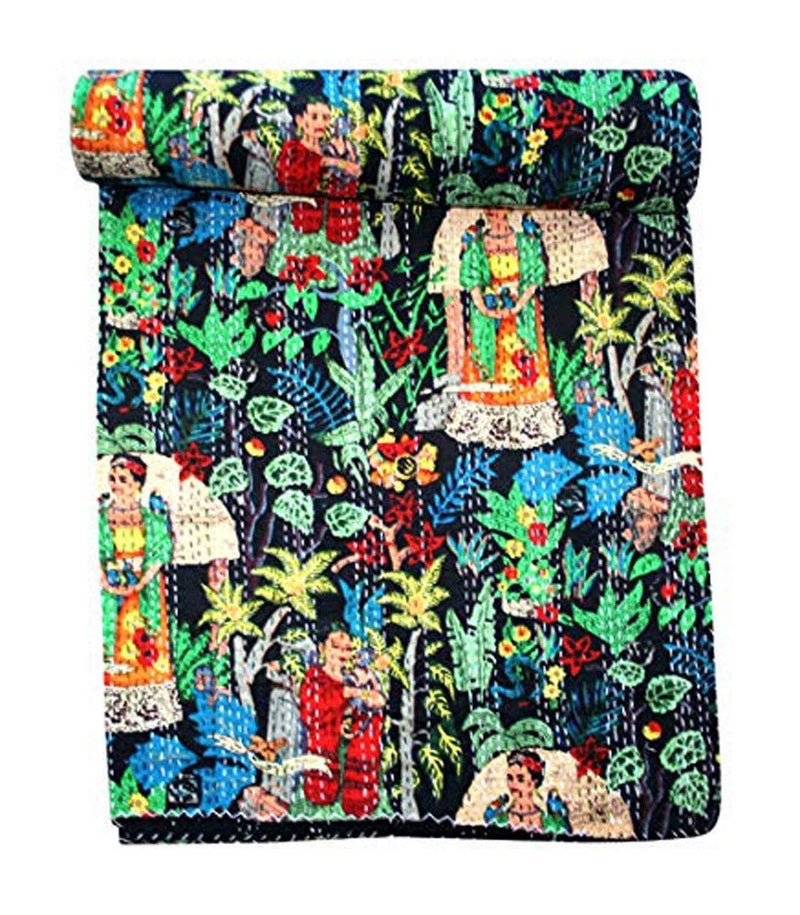 TI AMO Cotton Quilt Handmade Bed Cover Kantha Blanket Black Queen Size - Image 1