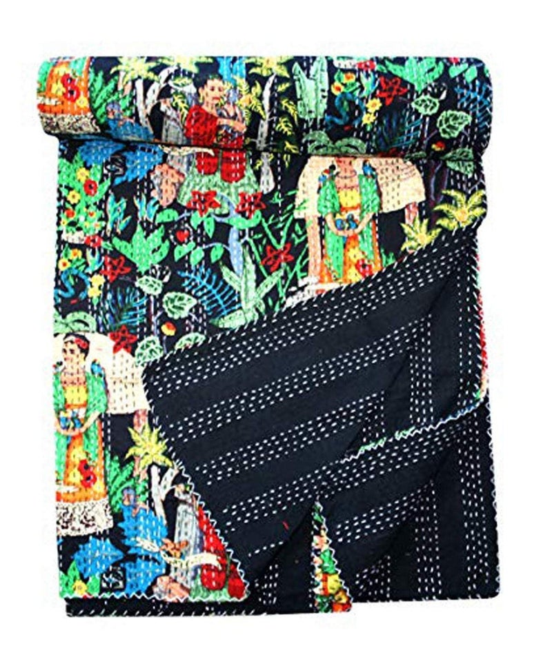 TI AMO Cotton Quilt Handmade Bed Cover Kantha Blanket Black Queen Size - Image 2