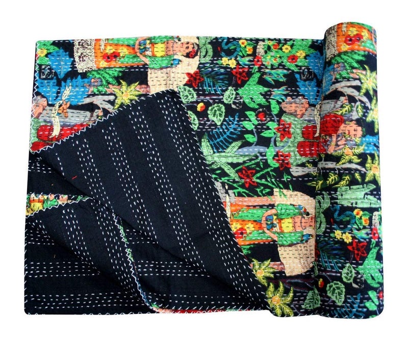 TI AMO Cotton Quilt Handmade Bed Cover Kantha Blanket Black Queen Size - Image 4