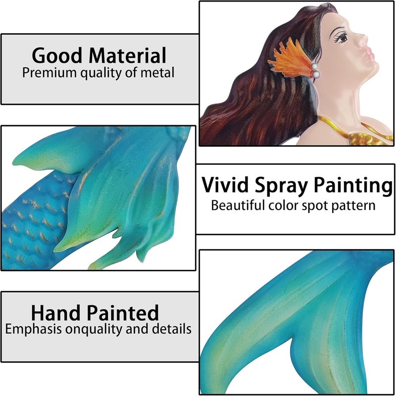 John's Studio Store Metal Mermaid Sea Wall Decor Outdoor Garden Hanging Art Sculptures Home Ocean Theme Decorations for Kitchen Bathroom and Pool - 14.9Inches - Image 2