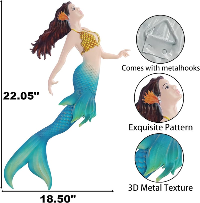 John's Studio Store Metal Mermaid Sea Wall Decor Outdoor Garden Hanging Art Sculptures Home Ocean Theme Decorations for Kitchen Bathroom and Pool - 14.9Inches - Image 3