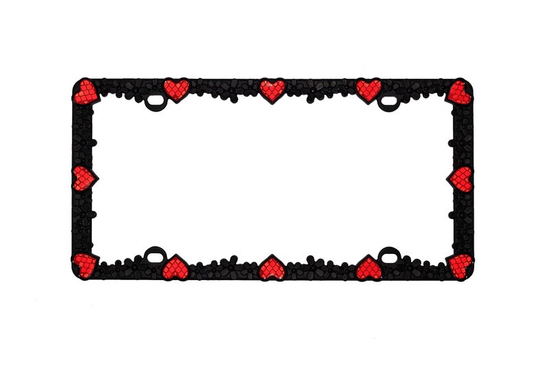 Creathome 3D Daisy Heart License Plate Frame from Pure Zinc Alloy Metal Perfect Plate Holder, Matt Black Daisy with Red Reflective Heart - Image 4