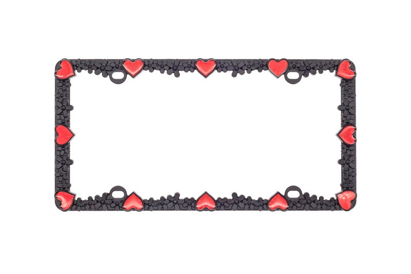 Creathome 3D Daisy Heart License Plate Frame from Pure Zinc Alloy Metal Perfect Plate Holder, Matt Black Daisy with Red Reflective Heart - Image 2