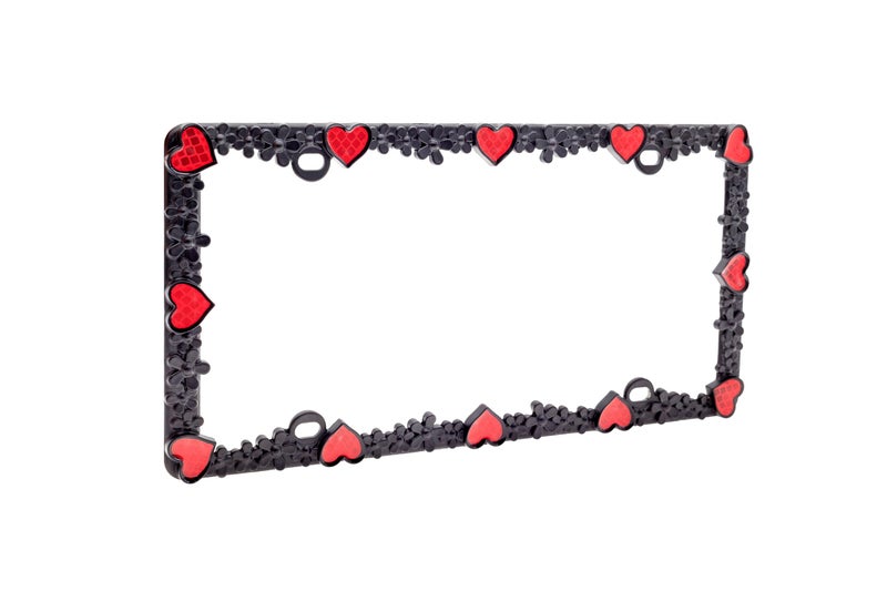 Creathome 3D Daisy Heart License Plate Frame from Pure Zinc Alloy Metal Perfect Plate Holder, Matt Black Daisy with Red Reflective Heart - Image 5