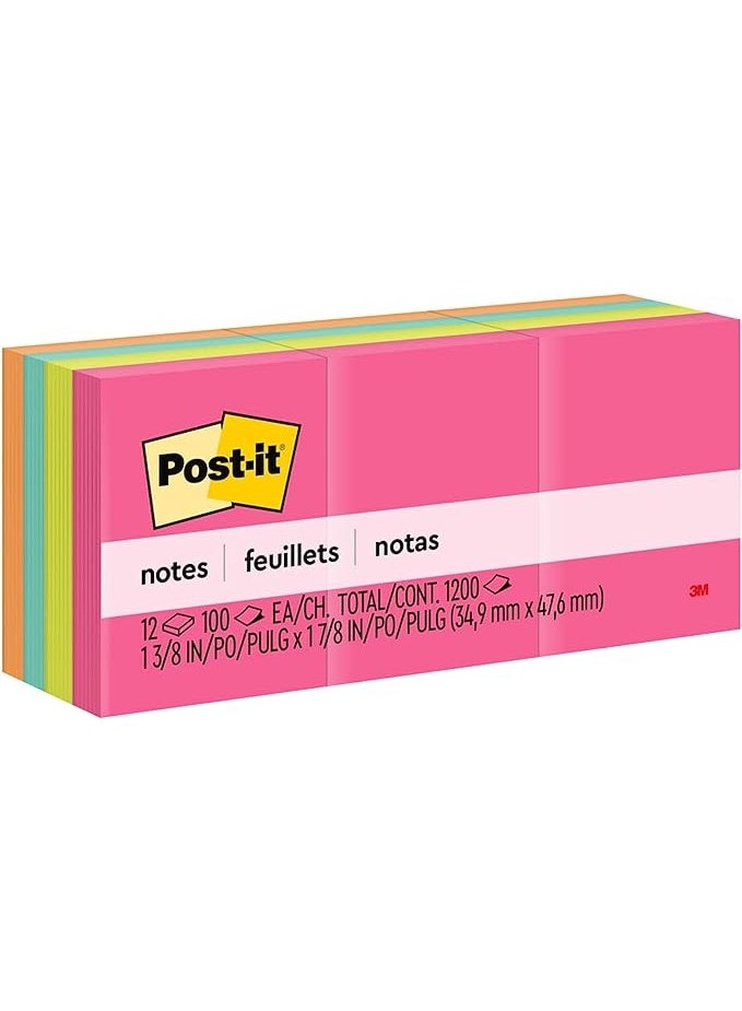 Post-it Notes Neon Colors 653AN 1.5 x 2 in (38 mm x 51 mm), 12 pads/pack | Assorted Colors | Sticky Notes | For Note Taking, To Do Lists and Reminders | Clean Removal | Recyclable | 100 sheets/pad - Image 1