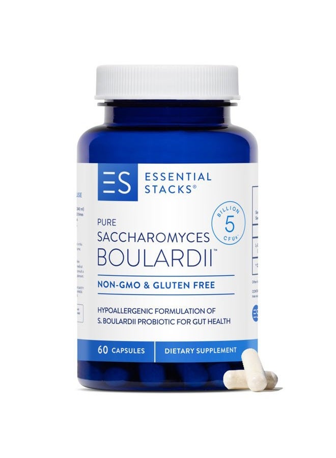 Essential Stacks بروبيوتيك ساكروميسيس بولاردي (غير معدّل وراثيًا وخالي من الغلوتين) - 5 مليار وحدة تشكيل مستعمرات لصحة الأمعاء (60 كبسولة) - Image 1