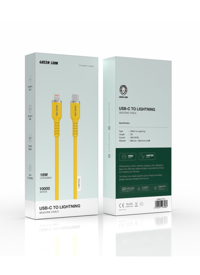 GREEN LION - USB-C TO Lightning Silicone Cable / 18W Current / High Transfer Speed / Secure & Safe / Charge & Sync / 10,000 Bends / Wide Compatible / Long Length Cable - Yellow - Image 1