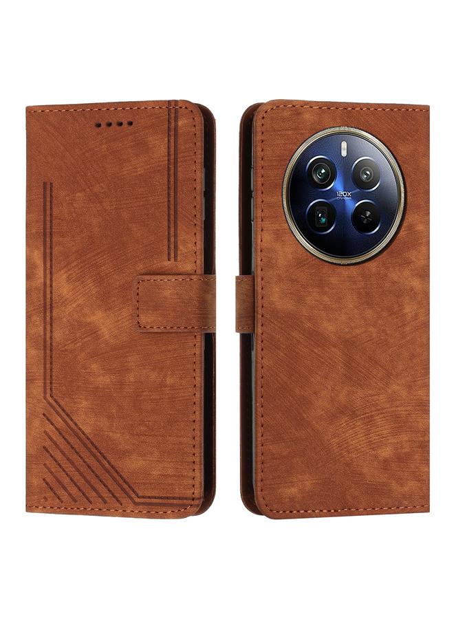 Green Tiger For Realme 12 Pro+ Skin Feel Stripe Pattern Leather Phone Case with Lanyard(Brown)