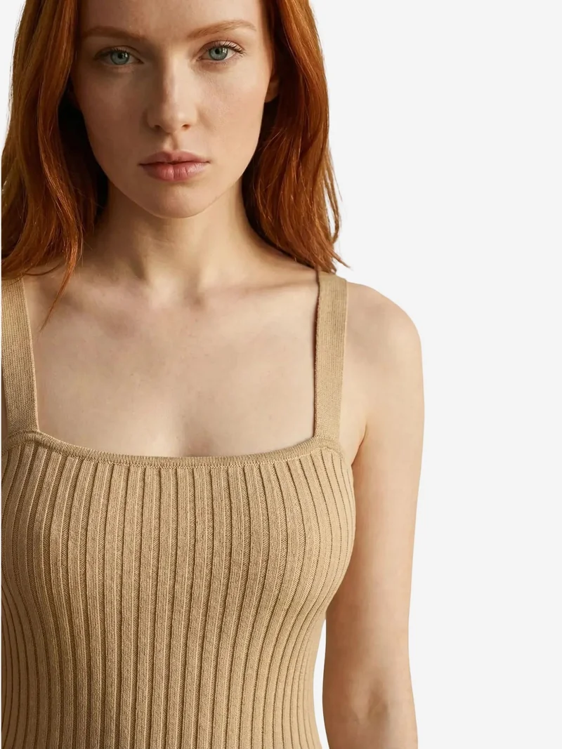 My Fashion Camel Brown MY FASHION Ribbed Square-Neck Bodycon Mini Dress for Women | Best Price UAE