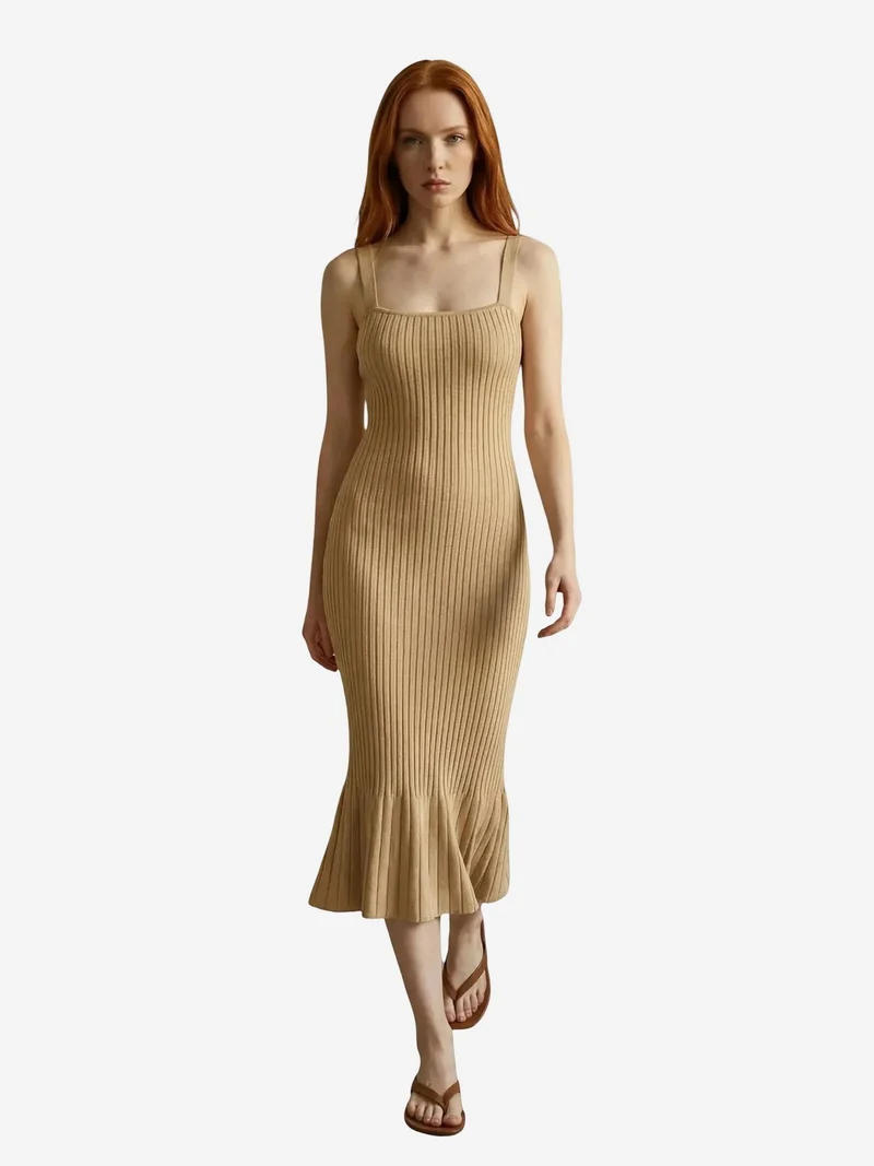 My Fashion Camel Brown MY FASHION Ribbed Square-Neck Bodycon Mini Dress for Women | Best Price UAE