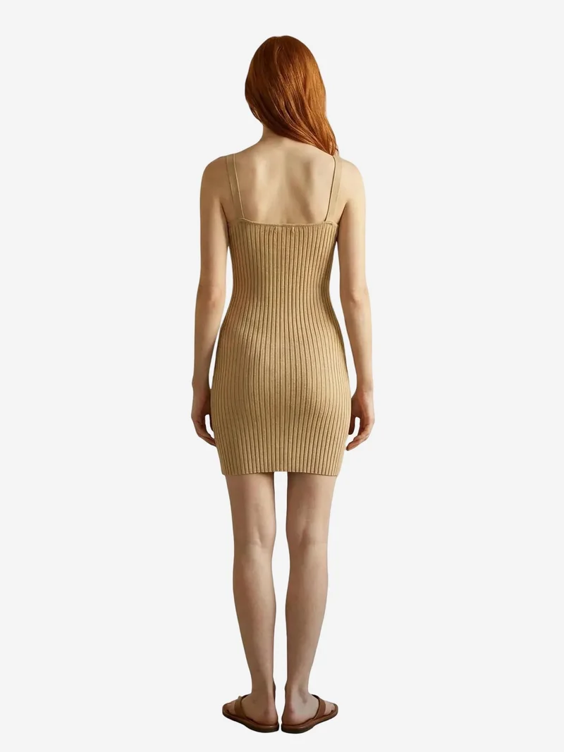 My Fashion Camel Brown MY FASHION Ribbed Square-Neck Bodycon Mini Dress for Women | Best Price UAE