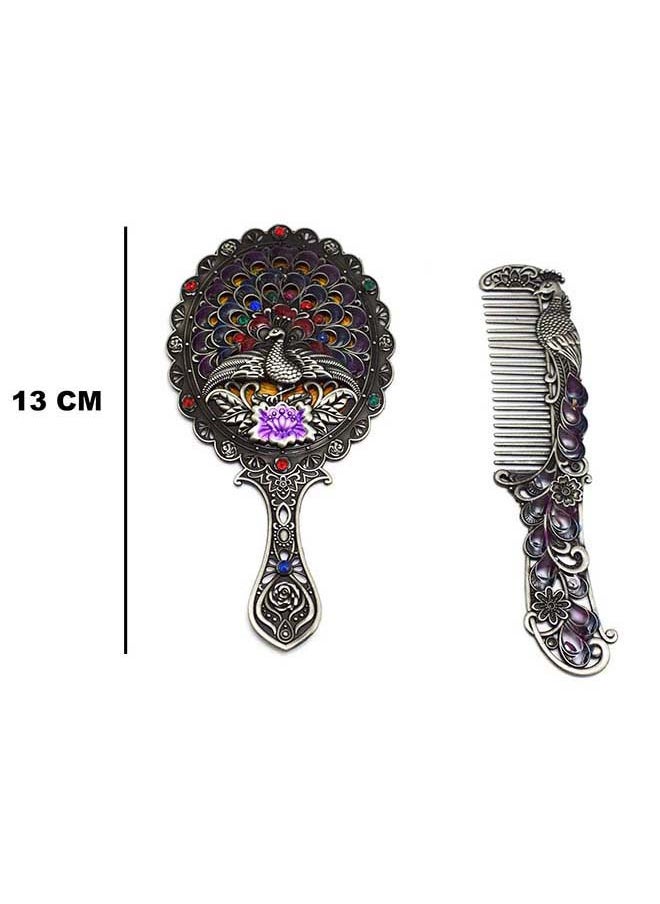 immatgar immatgar pharaonic Peafowl makeup pocket mirror with comb ancient Egyptian souvenirs gifts for women and mother from Egypt (Peafowl 3 - Silver - 13 CM Tall)  - Image 2