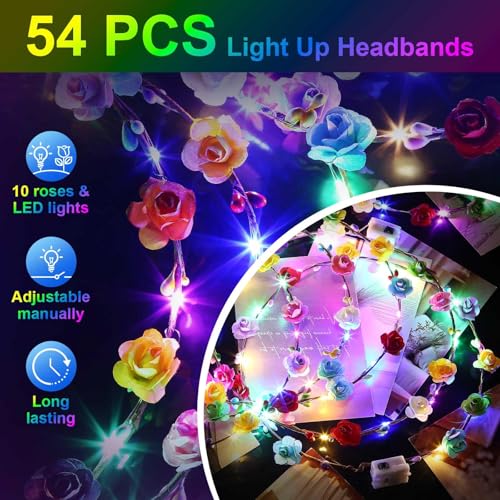 HONLYNE 54 PCS LED Flower Crowns Headbands, Light Up Flower Crowns For Women, Glow in the Dark Headband for Wedding Reception Mardi Gras Cosplay Princess Party Favors Birthday Christmas Halloween - Image 3
