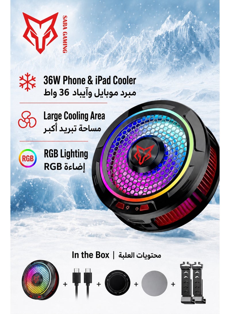 Sarafox Phone & Tablet Cooler 36W Sarafox X9, Magnetic, RGB Cooling Fan with 3-Speed Control, Magnetic and Back-Clip Mounting, Rapid −13°C Cooling, Ultra-Quiet USB-C Powered Plug-and-Play Design – Compatible with iPhone, RedMagic, Samsung, iPad and Tablets - Image 2