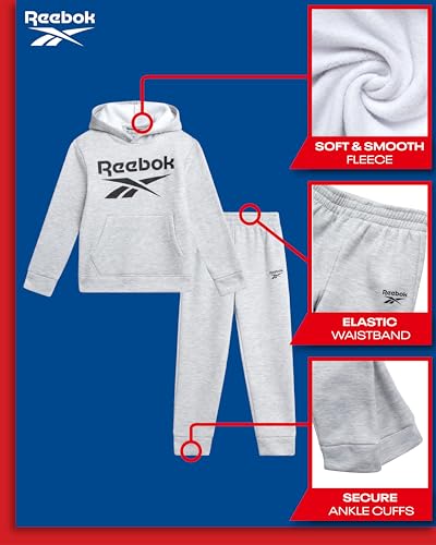 Reebok Baby Boys Pants Set - 2 Piece Pullover Hoodie and Joggers Jog Set - Cozy Fleece Play Wear Pant Sets for Toddler Sizes, Size 2T, Light Grey Heather Logo - Image 2