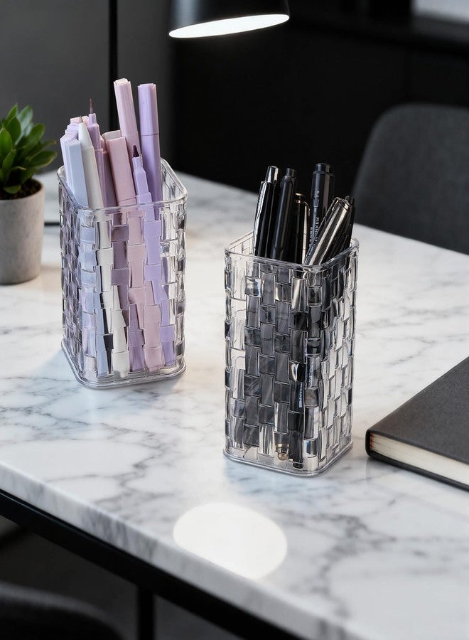 Fiwochic 4 Pcs Clear Acrylic Pen Holder for Desk Makeup Brush Holders with Woven Texture, Transparent Stylish Pencil Holder for Desk, Pen Cup Organizer Caddy for Office, Home, or Cosmetic - Image 5