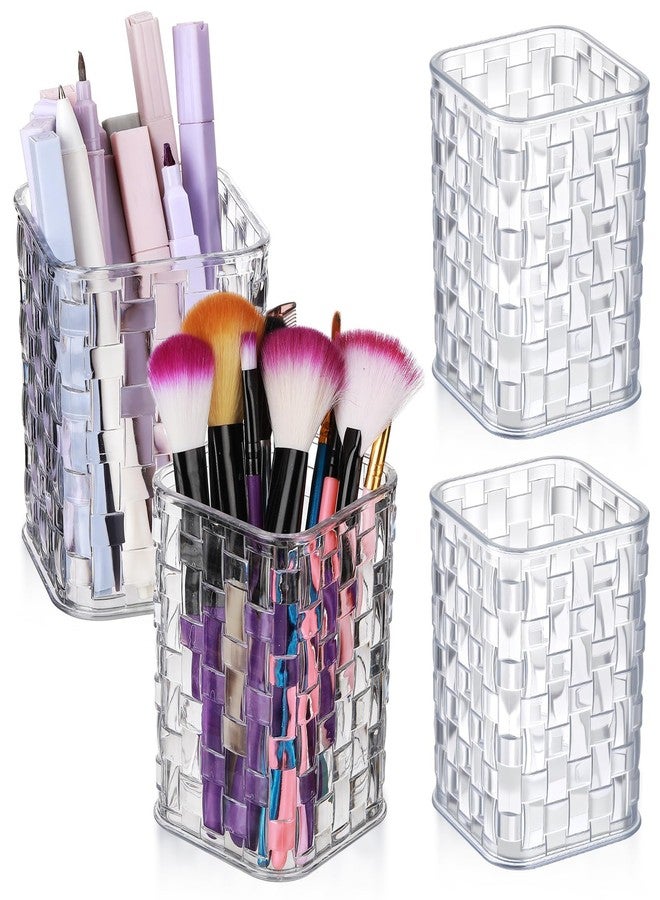Fiwochic 4 Pcs Clear Acrylic Pen Holder for Desk Makeup Brush Holders with Woven Texture, Transparent Stylish Pencil Holder for Desk, Pen Cup Organizer Caddy for Office, Home, or Cosmetic - Image 1