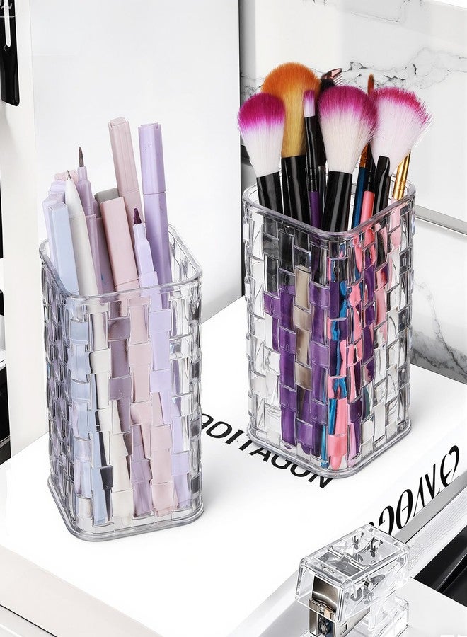 Fiwochic 4 Pcs Clear Acrylic Pen Holder for Desk Makeup Brush Holders with Woven Texture, Transparent Stylish Pencil Holder for Desk, Pen Cup Organizer Caddy for Office, Home, or Cosmetic - Image 2