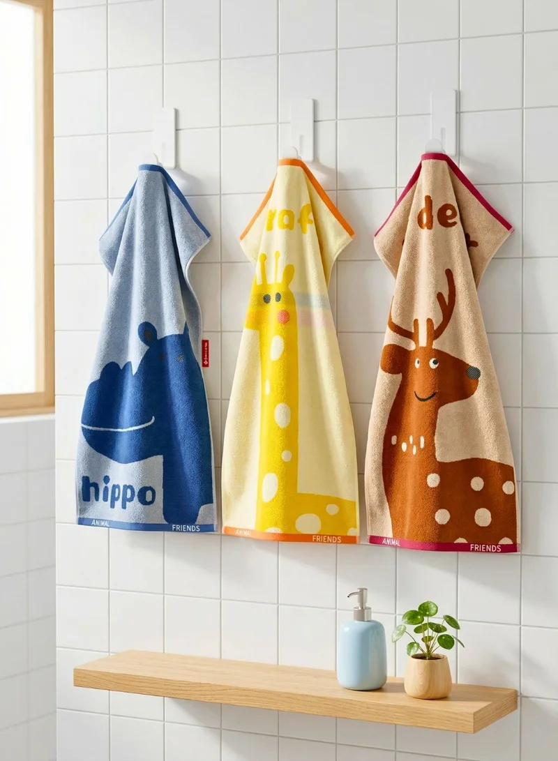 1 تشيس طقم مناشف يد للأطفال مكون من 3 قطع - مناشف وجه ناعمة وماصة مصنوعة من القطن بنسبة 100%، بتصميمات حيوانات فرس النهر والزرافة والغزال، مناسبة للأطفال والرضع والاستخدام اليومي.