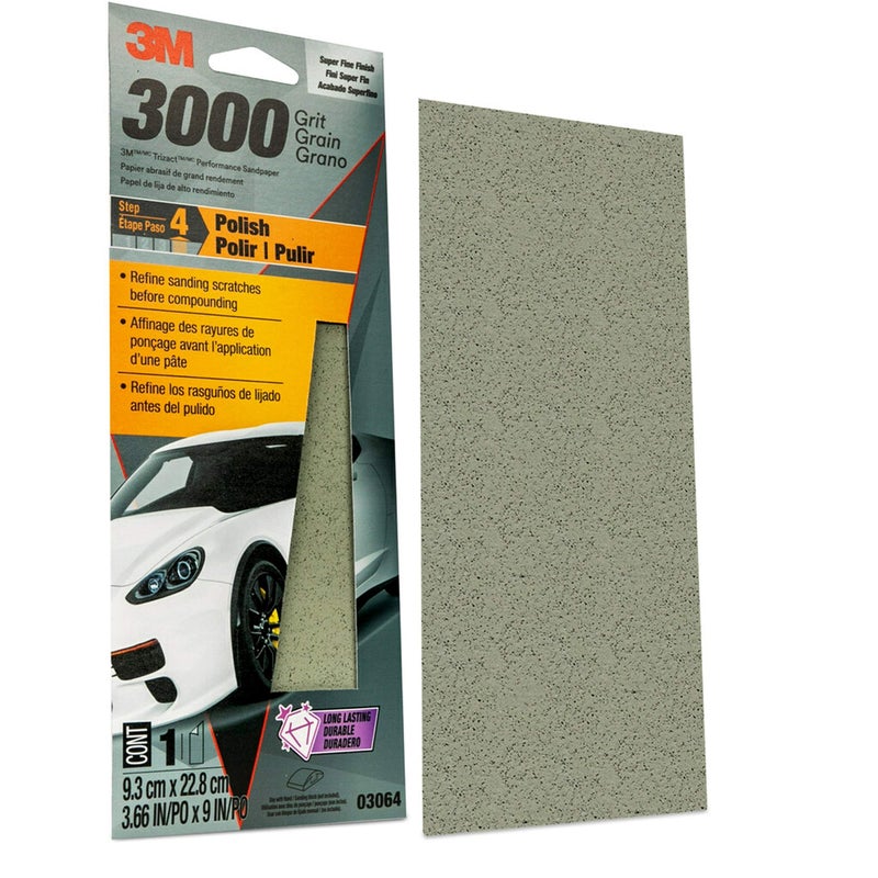 3M Performance 3000 Grit Sandpaper, 3-2/3 in x 9 in, Polish Clear Coat and Paint, Restore Shine, Ideal for Detailed Finishing and Polishing, Very Fine Grade Abrasive for Refined Finishes (03064) - Image 3