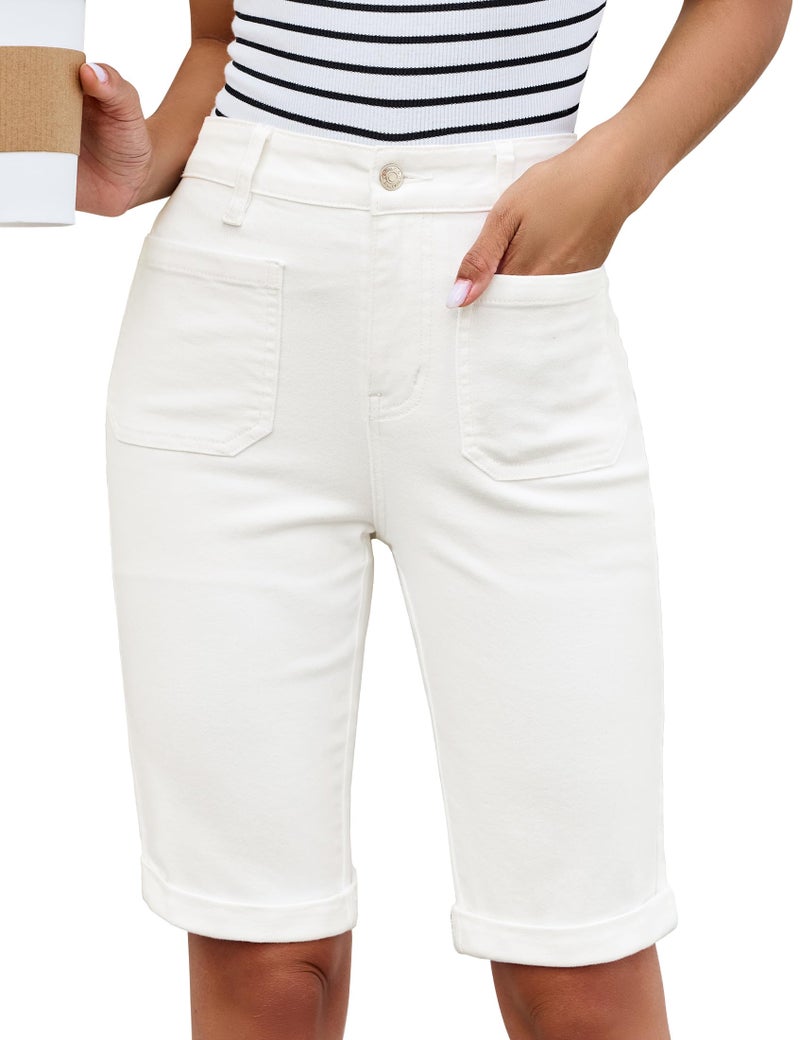 luvamia Jean Bermuda Shorts for Women High Waisted Cream White Jean Shorts Casual Fold Hem Long for Women Denim Long Jorts Cream White Size Large US 12 to 14 - Image 1
