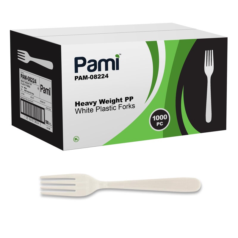 PAMI 1000 Count Heavy Duty Disposable Plastic Forks Heavy Weight White Silverware for Parties Weddings Catering