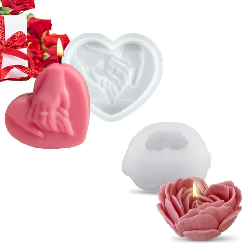 Skytail 2pc Silicone 3D Flower Heart & Holding Hands Candle Mold Rose Heart Shape Making Scented Candle Wax Melts Home Decoration Candles Resin Casting Mold Handmade Valentines Day Couple Gift DIY Soap Mold Chocolate Cake Baking Molds - Image 1
