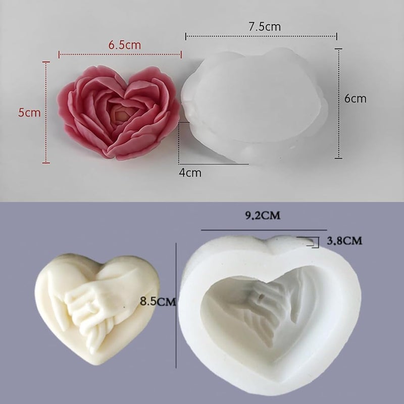 Skytail 2pc Silicone 3D Flower Heart & Holding Hands Candle Mold Rose Heart Shape Making Scented Candle Wax Melts Home Decoration Candles Resin Casting Mold Handmade Valentines Day Couple Gift DIY Soap Mold Chocolate Cake Baking Molds - Image 2