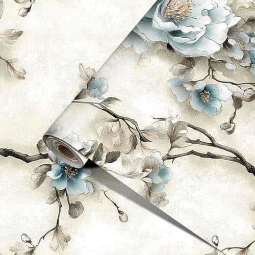 HOMETITUTE Blue Floral Wallpaper Peel and Stick Vinyl SelfAdhesive Removable Matte Finish Contact Paper Elegant Flower and Branch Design for Walls Countertops Cabinets Home Decor 157x394 - Image 1