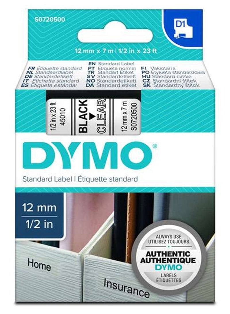 Dymo 12mm Wide Labelling Tape Black Ink on Clear Tape - Image 1