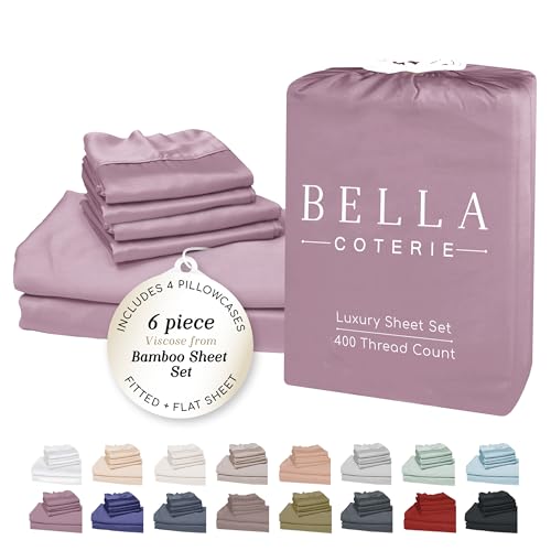 BC BELLA COTERIE Bella Coterie 6 Piece Luxury Bamboo Viscose King Size Sheet Set 100 Organically Grown Cooling for Hot Sleepers 18 Deep Pocket Soft Hypoallergenic 4 Pillowcases Lilac - Image 1
