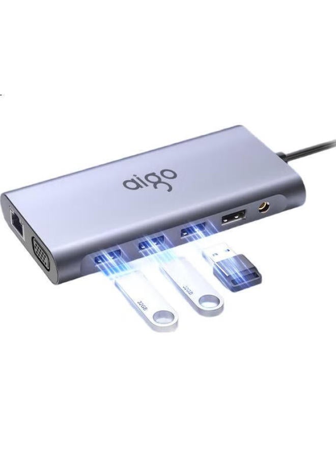 aigo Type-C Docking Station Usb3.0 Hub Gigabit Ethernet Port Hdmi/Vga Converter Sd/Tf Card Reader Pd100W Expansion Dock T11 (Metal) - Image 2