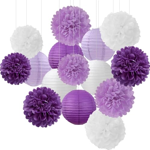 Hugfond PurpleWhite Lavender Party Decorations Paper Flowers Lanterns 15PCS Birthday Graduation Tissue Pom Poms Streamers Baby Bridal Shower Wedding Retirement Bachelorette Hanging Supplies Decor Hugfond - Image 1