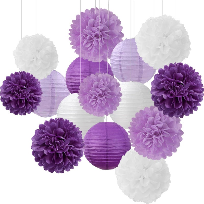 Hugfond PurpleWhite Lavender Party Decorations Paper Flowers Lanterns 15PCS Birthday Graduation Tissue Pom Poms Streamers Baby Bridal Shower Wedding Retirement Bachelorette Hanging Supplies Decor Hugfond - Image 2
