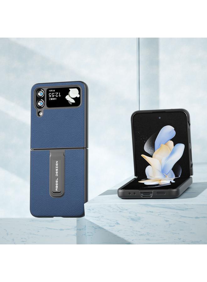 اس-توب جراب لهاتف Samsung Galaxy Z Flip4 مصنوع من الجلد الطبيعي + PC بملمس الليتشي مع حامل - Image 2