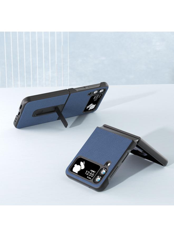 اس-توب جراب لهاتف Samsung Galaxy Z Flip4 مصنوع من الجلد الطبيعي + PC بملمس الليتشي مع حامل - Image 3