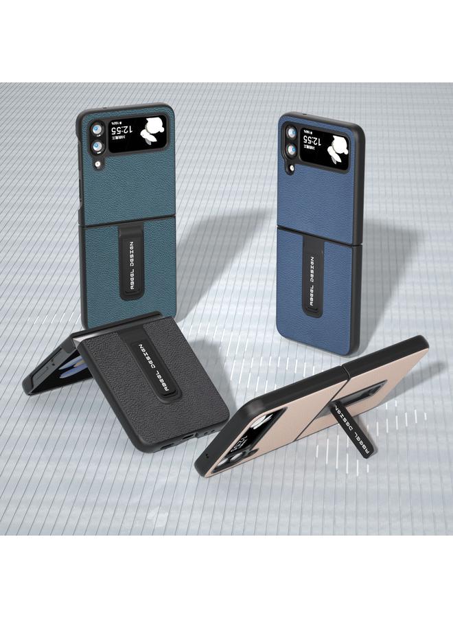 اس-توب جراب لهاتف Samsung Galaxy Z Flip4 مصنوع من الجلد الطبيعي + PC بملمس الليتشي مع حامل - Image 5