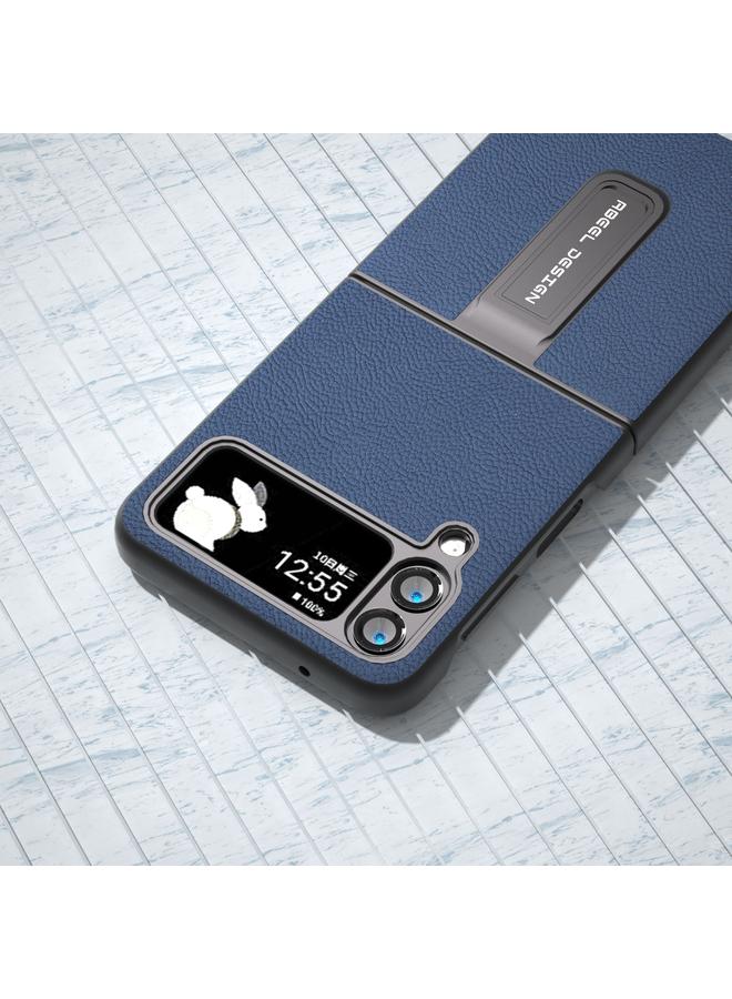 اس-توب جراب لهاتف Samsung Galaxy Z Flip4 مصنوع من الجلد الطبيعي + PC بملمس الليتشي مع حامل - Image 4