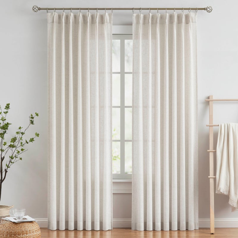 Vision Home Natural Pinch Pleated Semi Sheer Curtains Textured Linen Blended Light Filtering Window Curtains 102 inch for Living Room Bedroom Pinch Pleat Drapes with Hooks 2 Panels 42" Wx102 L - Image 1