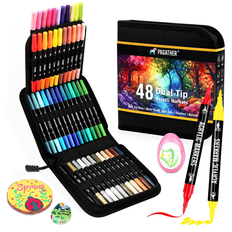 Pagather 48 Colors Acrylic Paint Markers Dual Tip with Fine Tip and Brush Tip Pens for Stone Wood Calligraphy Canvas Ceramic Metal Glass Rock Painting DIY Crafts Art Supplies Kit