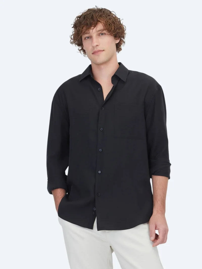 Kip Black Plain Oversize Fit Long Weaving Casual Shirt