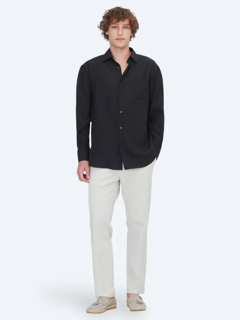 Kip Black Plain Oversize Fit Long Weaving Casual Shirt
