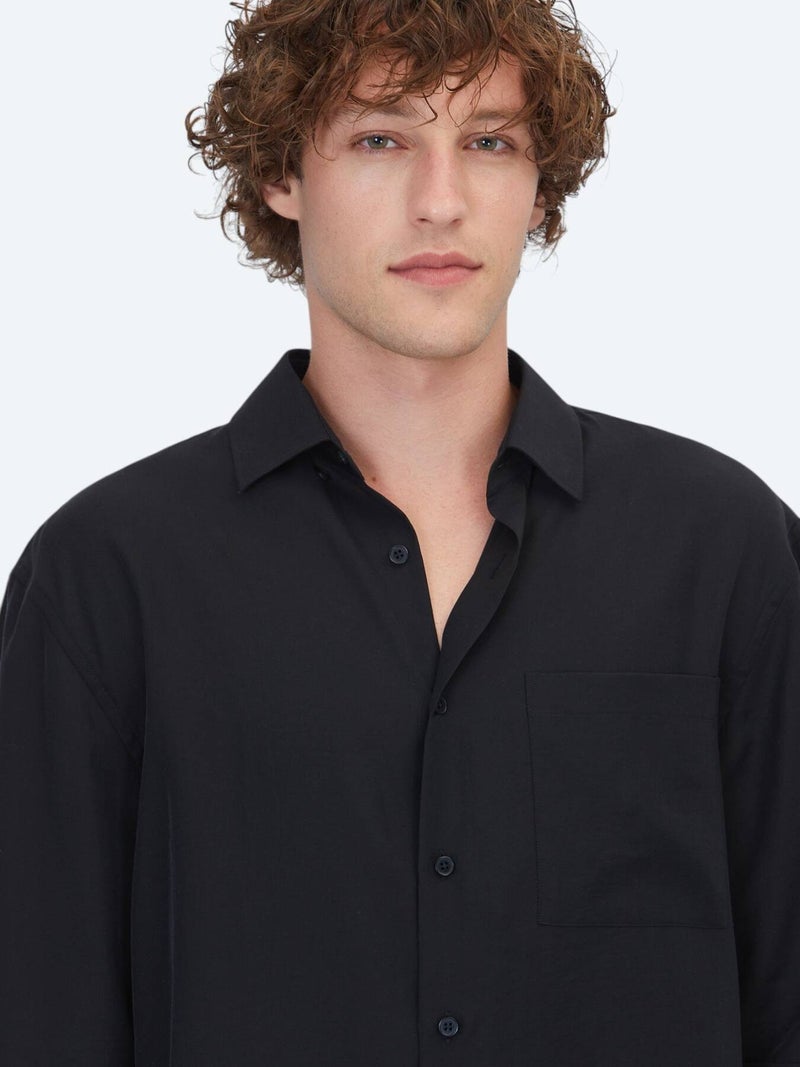 Kip Black Plain Oversize Fit Long Weaving Casual Shirt - Image 3