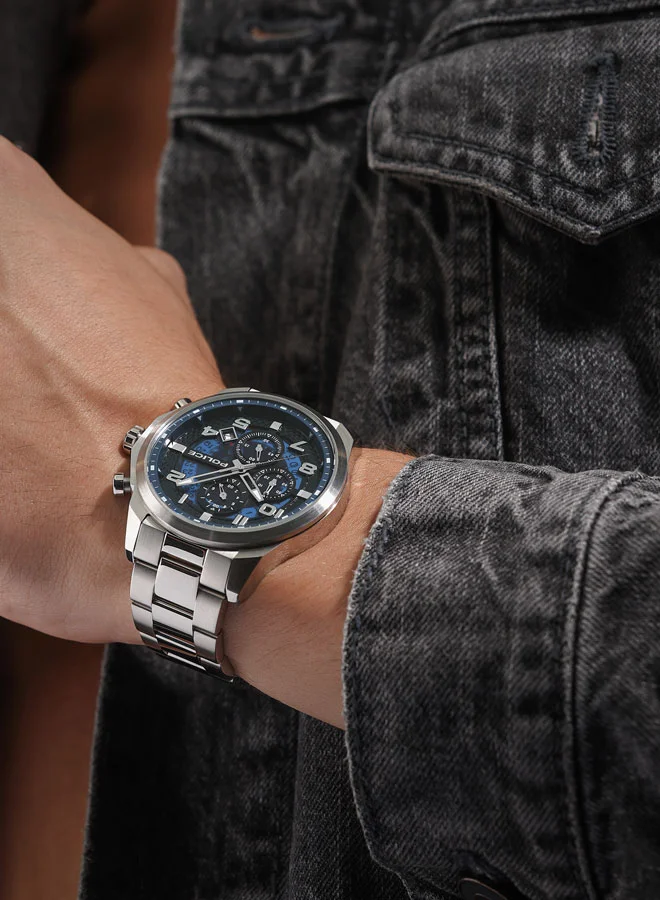 POLICE Men's Soul Multifunction Men's 44mm Watch with Translucent Blue Dial, Hydraulic Pyramid Etched Ring & 316L Stainless Steel Bracelet