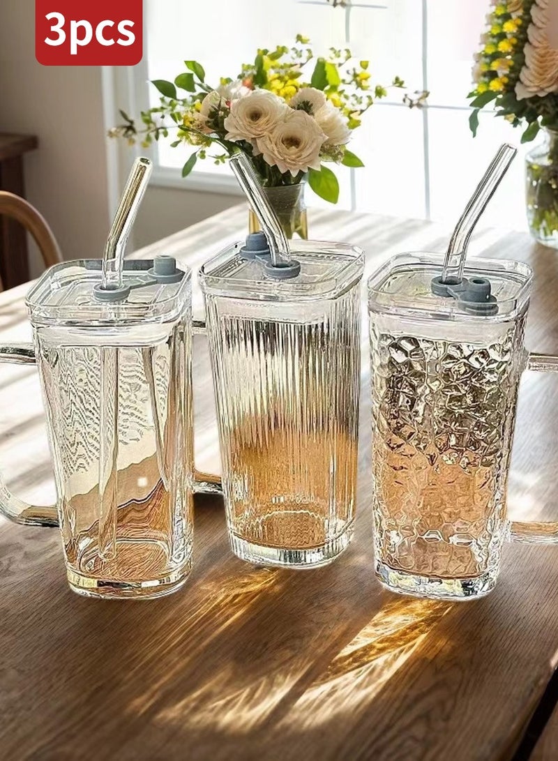 بيروي 3 كؤوس زجاج البورسليكات سعة 250 مل مع قشة زجاجية وغطاء - مقاوم للحرارة وآمن للاستخدام في الموقد والميكروويف وغسالة الصحون - كؤوس عصير شفافة، كؤوس حليب، كؤوس إفطار - Image 1