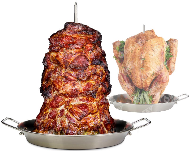 BYLEEY Tacos Al Pastor Skewers for Grilling BBQ Gyro Meat Stand Vertical Skewer Rotisserie Kit Includes 7 Stainless Stick 4 Extension Spikes and 105 Roaster Pan Kebob Maker for Shawarma Kebabs - Image 2
