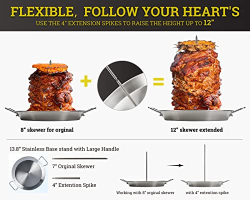 BYLEEY Tacos Al Pastor Skewers for Grilling BBQ Gyro Meat Stand Vertical Skewer Rotisserie Kit Includes 7 Stainless Stick 4 Extension Spikes and 105 Roaster Pan Kebob Maker for Shawarma Kebabs - Image 3