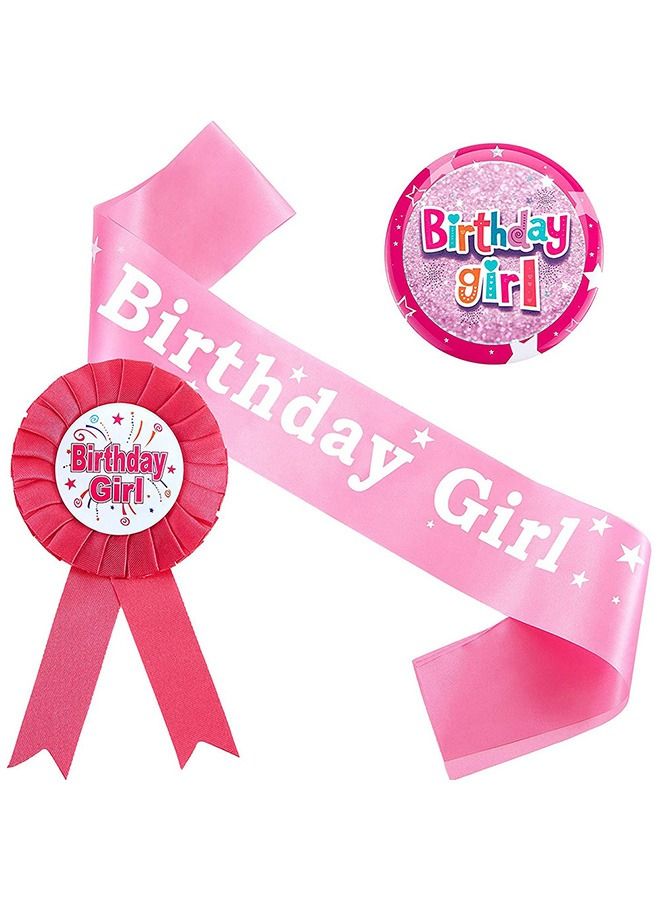 3 Pcs Birthday Girl Decorations Set, Birthday Girl Holographic Badge and Sash and Corsage Button Pins, Birthday Girl Party Dress Set Decoration (Pink) - Image 1
