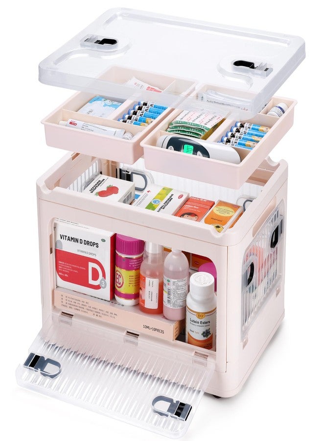 Fivebop 24 QT Medicine Organizer Storage Box with Removable Tray, Extra Large Collapsible First Aid Box Empty, Clear Medicine Container Plastic Medical Supply Organizer with Wheels - Image 1