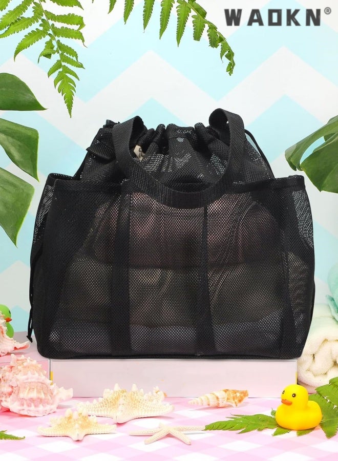 WAOKN Mesh Shower Caddy Portable with Drawstring, Dorm Room Essentials for College Students , Large Shower Bag for Camping,Swimming,Gym,Travel,Bathroom,Mesh breathable travel storage bag ,25*25*28cm ,black. - Image 2